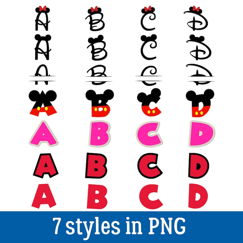 Puede incluir: Una colecci&oacute;n de dise&ntilde;os de letras en varios estilos, incluyendo letras negras con orejas de rat&oacute;n y lazos rojos, y letras coloridas en rosa y rojo. La imagen incluye el texto "7 styles in PNG".