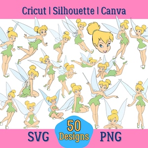May include: A collection of 50 PNG and SVG designs featuring a cartoon fairy in various poses. The fairy has blonde hair, green clothing, and blue wings. The image includes the text "Cricut | Silhouette | Canva" and "50 Designs".