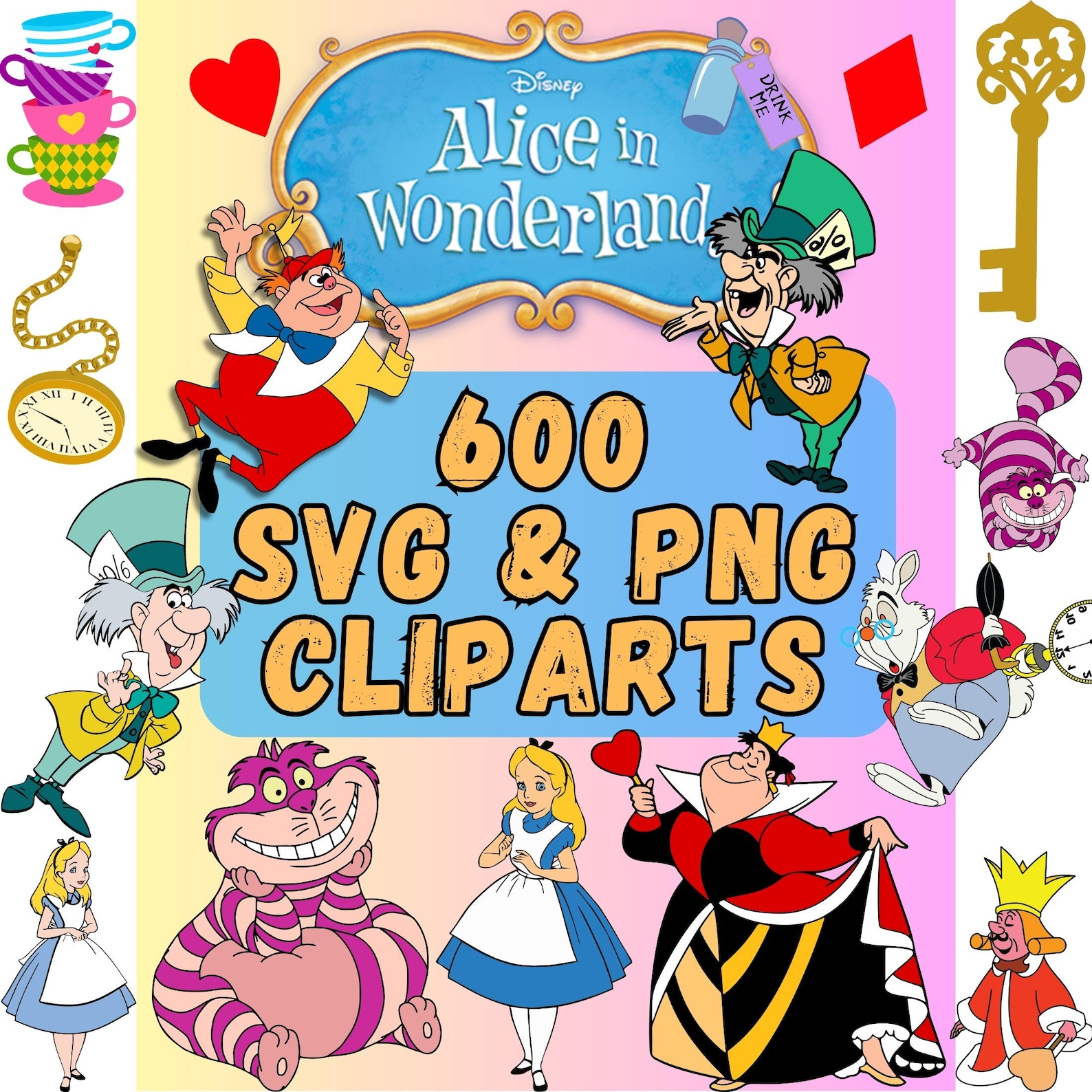 Alice in Wonderland SVG PNG Clipart Bundle Alphabet Cricut (digital ...