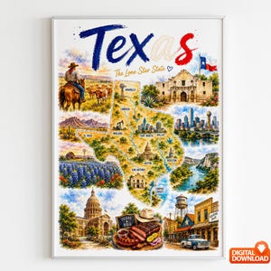Carte illustrée du Texas, affiche aquarelle de paysage urbain du Texas, cadeau de voyage, affiche numérique haute résolution