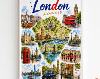 Mappa illustrata di Londra, poster con paesaggio urbano londinese ad acquerello, regalo di viaggio, poster digitale ad alta risoluzione