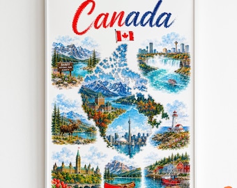 Canada Illustrated Map, Canada Cityscape Watercolor Poster, Travel Gift, High Resolution Digital Poster