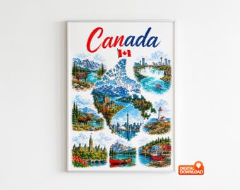 Canada Illustrated Map, Canada Cityscape Watercolor Poster, Travel Gift, High Resolution Digital Poster