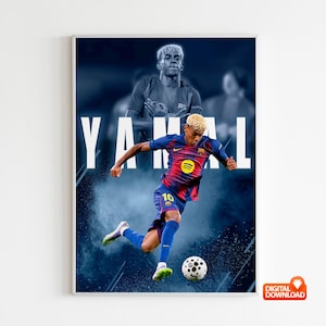 May include: A framed digital print featuring a soccer player in a blue and red uniform kicking a soccer ball. The player's name, YAMAL, is displayed in large white letters. The background is a dark blue with a blurred image of the player.