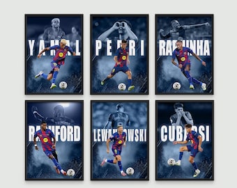 Fußball Stars Digitales Poster Set: Pedri, Yamal, Rashford, Raphinha, Pau Cubarsi, Robert Lewandowski (Digitaler Download A3 300 DPI)
