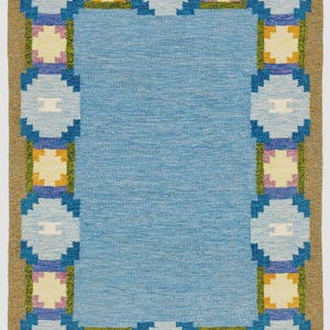 Handwoven Blue Wool Kilim Rug: Scandinavian Boho Farmhouse Decor