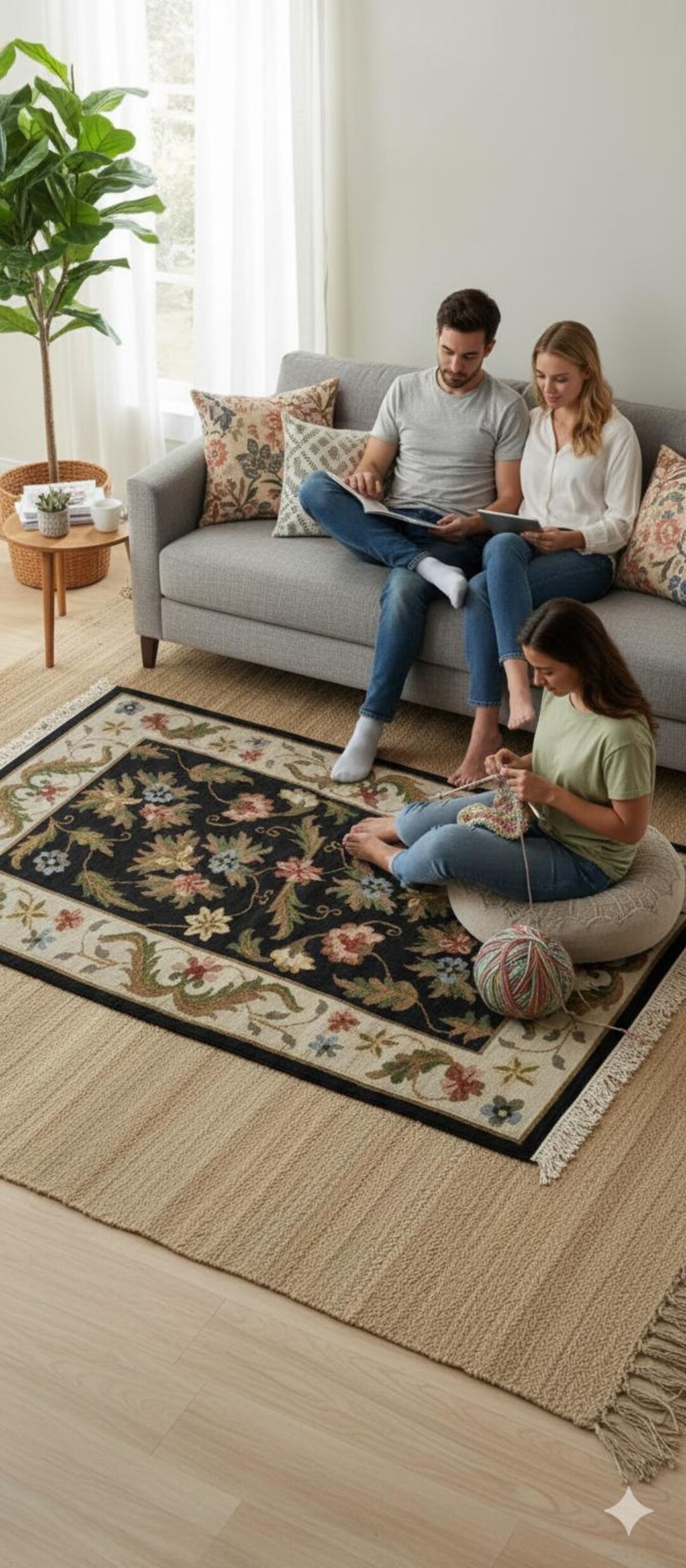 Handmade Aubusson Wool Rug | Black Floral French Area Carpet | Elegant ...