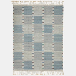 Handwoven Scandinavian Blue Kilim Rug | Geometric Checkered Flatweave | Minimalist Wool Area Carpet