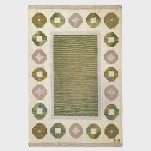 Vintage Scandinavian Kilim Rug: Handwoven Green Wool Geometric Flatweave