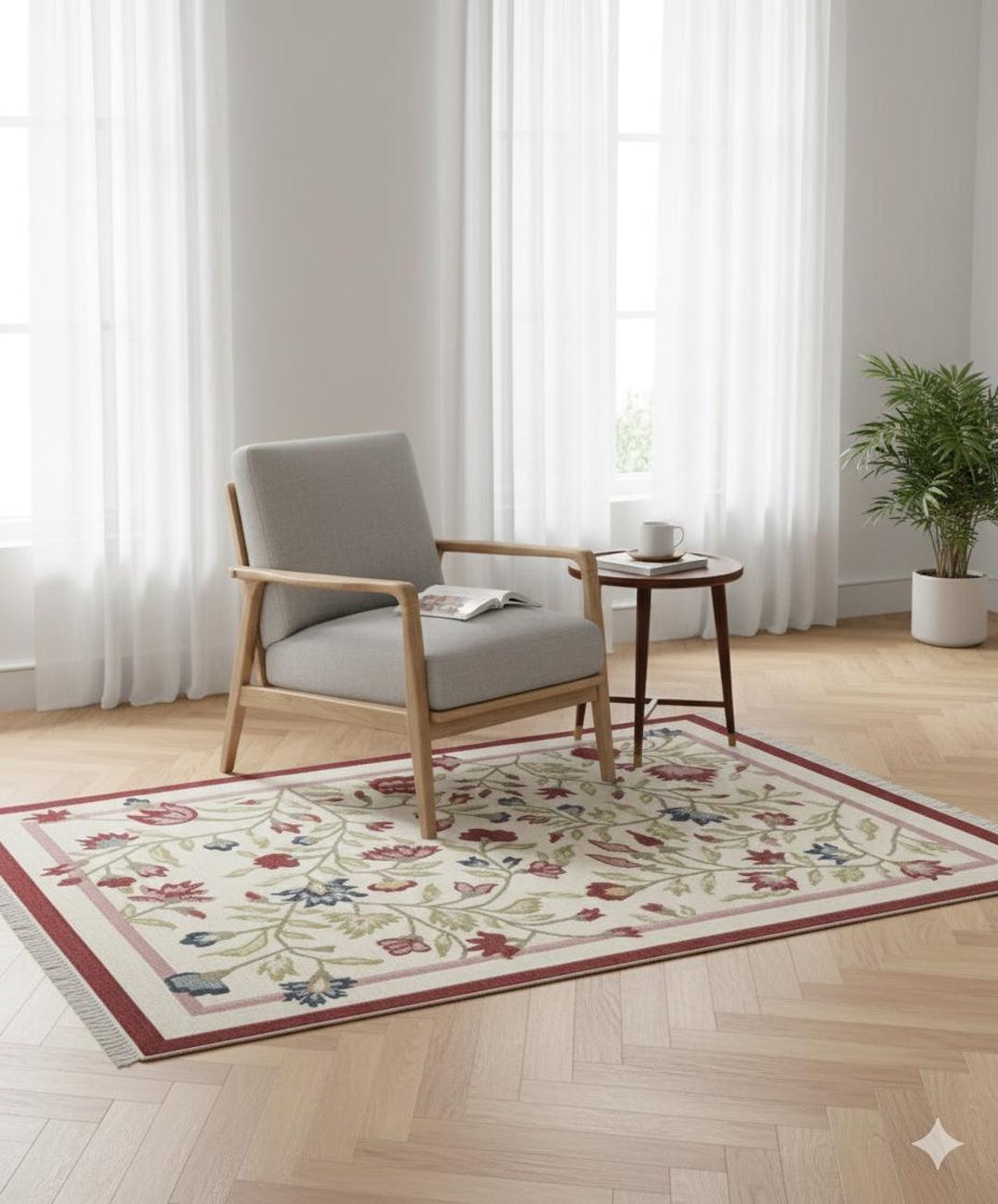 Floral Ruggable Handwoven Floral Wool Rug | Cream & Red Botanical Flatweave Carpet ...