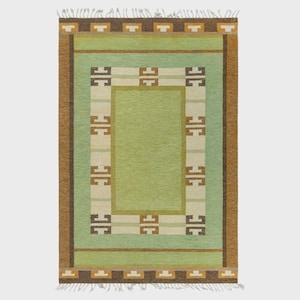Handmade Green Wool Rug: Modern Geometric Flatweave with Tribal Border