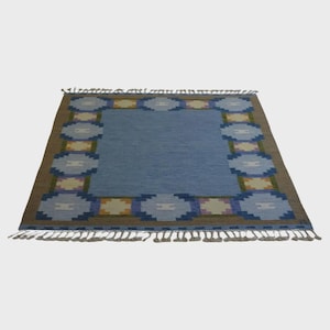 Handwoven Blue Wool Kilim Rug: Scandinavian Boho Farmhouse Decor