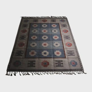 Vintage Blue Kilim Rug: Handwoven Wool Scandinavian Farmhouse Decor