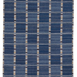 Handwoven Wool Kilim Rug: Blue Checkered Scandinavian Flatweave