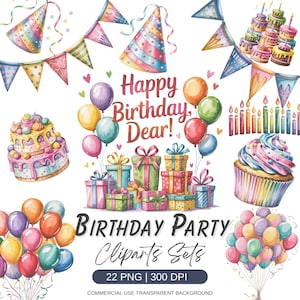 Aquarell alles Gute zum Geburtstag Clipart-Set, Geburtstagsparty Transparent PNG, Ballons, Geburtstagseinladungen, Karte, Dekor, kommerzielle Nutzung
