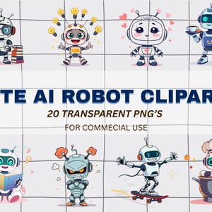 Cute AI Robot Clipart Bundle – Cartoonish Style with Different Expressions (20 PNGs)