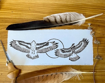 Red Tail Hawks Lino Cut Print: Soaring Bird of Prey on Handmade Paper