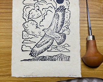 Red Tail Hawk In Flight Linocut Relief Print 5x7 Raptor Bird Of Prey Wildlife