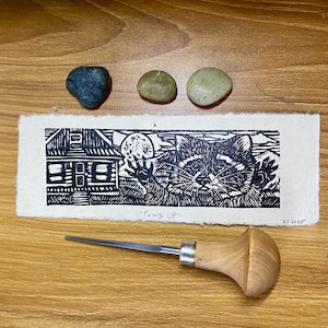 Raccoon Lino Cut Mini Print: Wildlife Art on handmade Lokta Paper