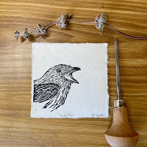 California Scrub Jay mini Lino cut relief print wild life bird