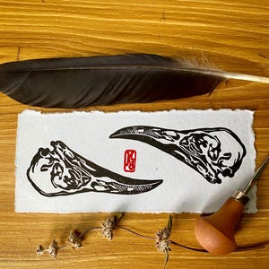 Crow skull Lino cut print original relief print