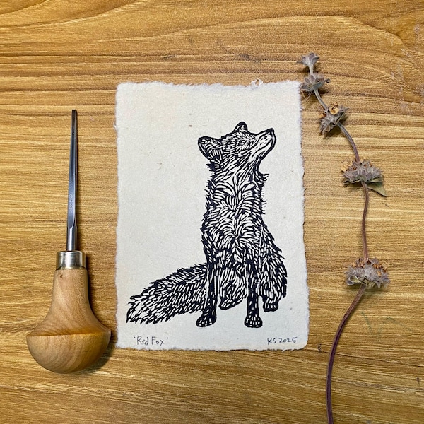 Curious Red Fox mini Lino cut print relief block print wildlife
