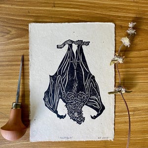 Fruit bat hanging mammal Lino cut print relief print