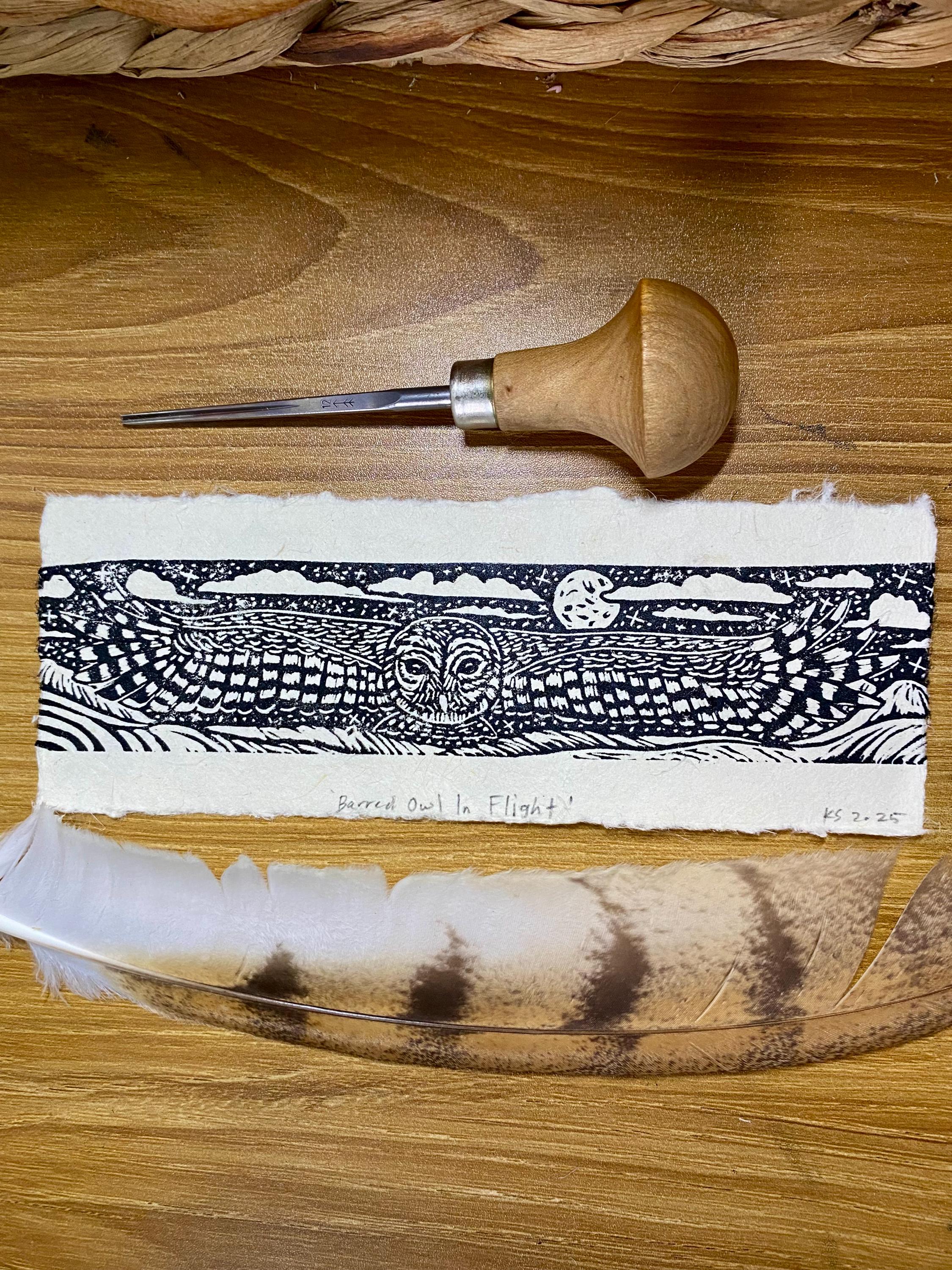 Barred Owl in flight mini Lino cut print on handmade Lokta paper