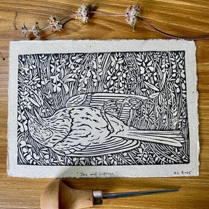 Jay and lupine Linocut print relief print bird lover bird art