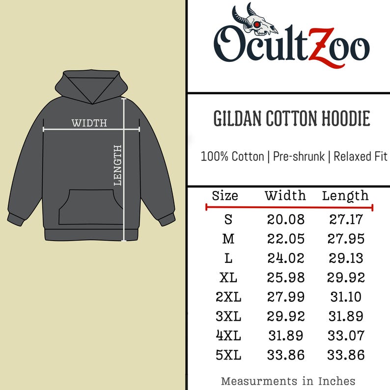 Puede incluir: Una tabla de tallas para sudadera con capucha de algod&oacute;n Gildan con el logotipo de OcultZoo. El gr&aacute;fico muestra el contorno de una sudadera con indicadores de ancho y largo, junto a una tabla de tallas de la S a la 5XL en pulgadas.