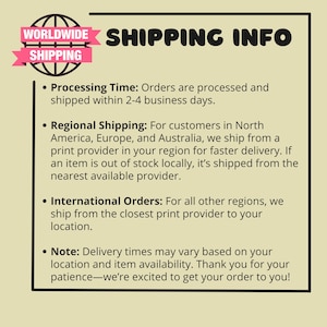 K&ouml;nnte beinhalten: Eine beige Grafik mit den Worten "WORLDWIDE SHIPPING INFO" in Schwarz und Pink. Der Text beschreibt die Bearbeitungszeit, den regionalen Versand und Informationen zu internationalen Bestellungen. Ein pinkfarbenes Banner lautet "WORLDWIDE SHIPPING".