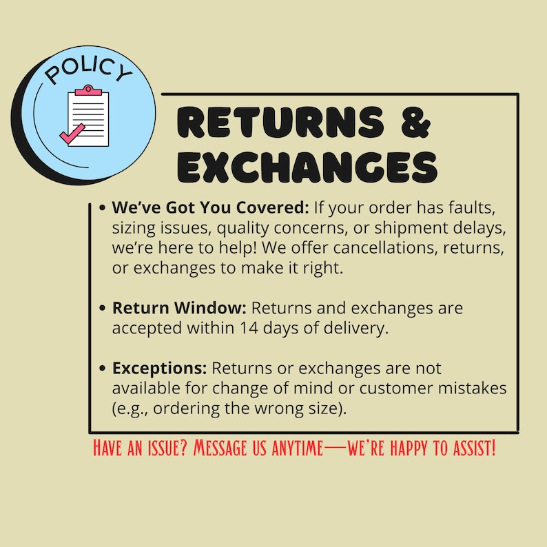 K&ouml;nnte beinhalten: Bild mit Text zu R&uuml;ckgabe und Umtausch. Der Text enth&auml;lt "RETURNS & EXCHANGES", "We've Got You Covered" und "Return Window: R&uuml;ckgaben und Umtausch werden innerhalb von 14 Tagen nach Lieferung akzeptiert."