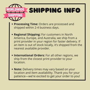 K&ouml;nnte beinhalten: Eine beige Grafik mit den Worten "WORLDWIDE SHIPPING INFO" in Schwarz und Pink. Der Text beschreibt die Bearbeitungszeit, den regionalen Versand und Informationen zu internationalen Bestellungen. Ein pinkfarbenes Banner lautet "WORLDWIDE SHIPPING".