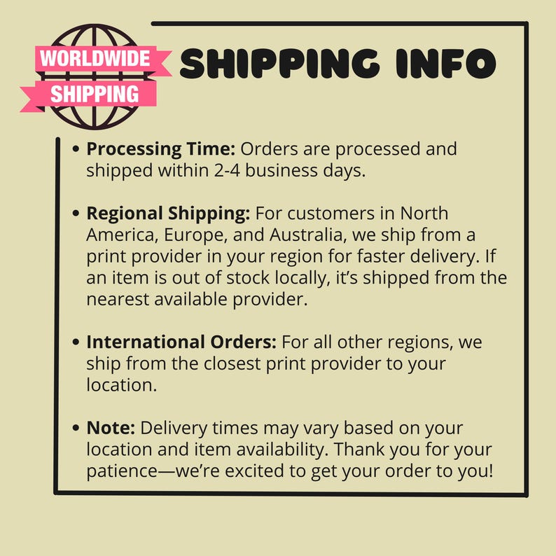 K&ouml;nnte beinhalten: Eine beige Grafik mit den Worten "WORLDWIDE SHIPPING INFO" in Schwarz und Pink. Der Text beschreibt die Bearbeitungszeit, den regionalen Versand und Informationen zu internationalen Bestellungen. Ein pinkfarbenes Banner lautet "WORLDWIDE SHIPPING".