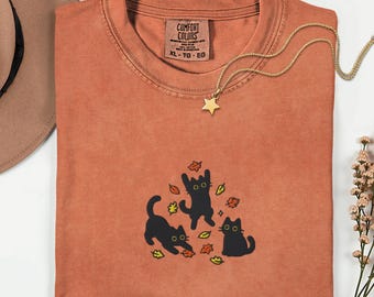 Black Cats Autumn Leaves Embroidered Comfort Colors Shirt | Cottagecore Fall Cat Tee