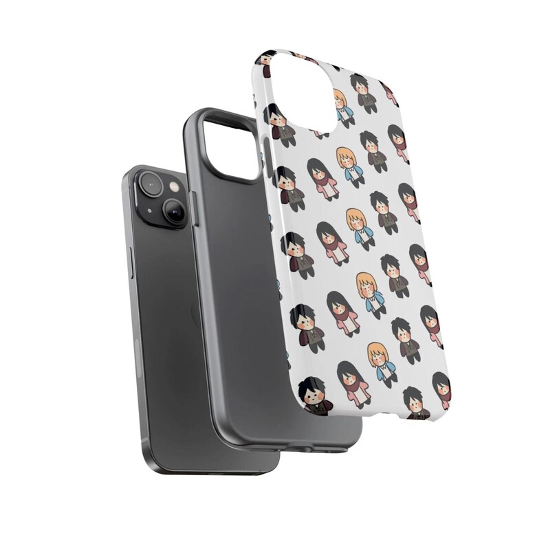 Peut inclure: Coque de t&eacute;l&eacute;phone blanche avec un motif r&eacute;p&eacute;t&eacute; de personnages de dessins anim&eacute;s en diff&eacute;rentes tenues. L'&eacute;tui est pr&eacute;sent&eacute; avec un t&eacute;l&eacute;phone noir et une coque de t&eacute;l&eacute;phone grise. La coque a une finition brillante.