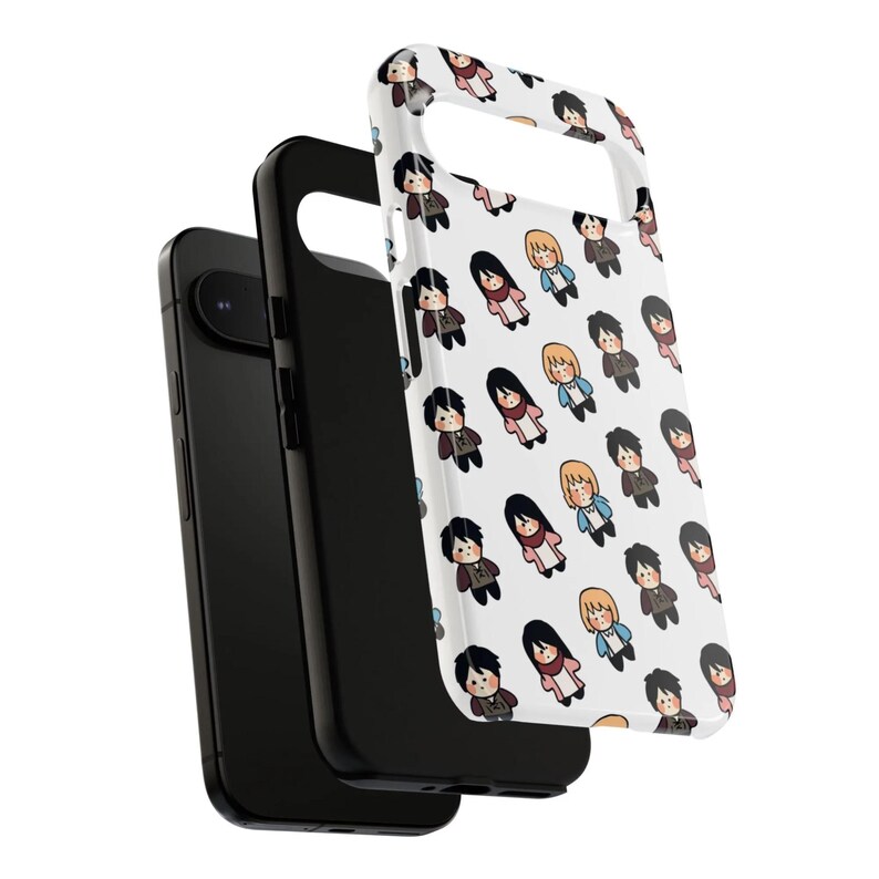 Peut inclure: Coque de t&eacute;l&eacute;phone noire avec une coque blanche orn&eacute;e d'un motif r&eacute;p&eacute;t&eacute; de personnages de dessins anim&eacute;s. Les personnages portent diverses tenues et poses. La coque est con&ccedil;ue pour prot&eacute;ger le t&eacute;l&eacute;phone.