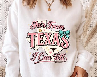 She’s From Texas I Can Tell Shirt, Texas Girl Tee, Southern Girl Shirt, Cowgirl Aesthetic Tee, Western Pink Bow Shirt, Texas Pride Gift Tee