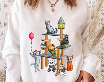 Funny Horror Movie Cats Shirt, Halloween Cat Tower Tee, Scary Kitty Characters T-Shirt, Cute Horror Parody Cat Lovers Gift Top Sweatshirt