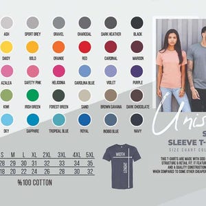 May include: A color chart for unisex short sleeve t-shirts, featuring a variety of colors like white, black, and navy. The chart includes size and measurement details, along with a description of the shirt's features and construction.