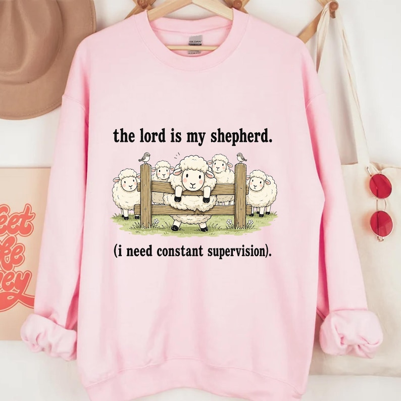 May include: Pink sweatshirt with a graphic of sheep behind a wooden fence, with the text "the lord is my shepherd. (i need constant supervision)." The sheep are white with black accents. Two small birds are perched on the fence.