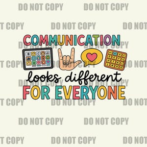 以下が含まれることがあります： 「COMMUNICATION looks different FOR EVERYONE」という言葉が入ったカラフルなグラフィック。タブレット、手を振って「愛してる」のサイン、ハートの吹き出し、コミュニケーションボードが含まれています。