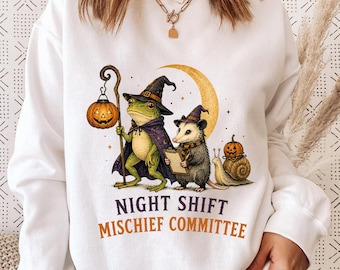 Halloween Frog Shirt, Night Shift Mischief Committee Tee, Witch Frog Opossum Snail Shirt, Vintage Spooky Season Shirt Gift