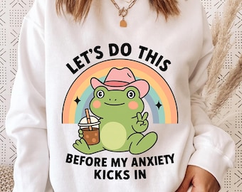 Funny Frog Anxiety Shirt, Cute Cowboy Frog Coffee Tee, Pastel Rainbow Frog Graphic Tee, Mental Health Humor Shirt, Retro Kawaii Anxiety Frog