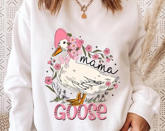 Camiseta vintage com estampa de animal de fazenda, ganso fofo com flores de gorro rosa, camiseta Cottagecore Goose, moletom engraçado Countrycore Goose para mulheres