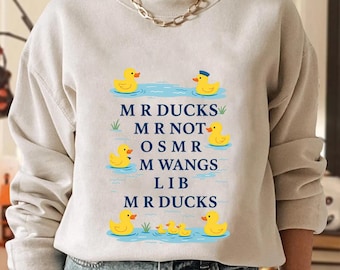 Funny Phonetic Puzzle Rubber Duck T-Shirt – M R DUCKS Word Play Tee with Cute Yellow Ducks Pond Scene, Quirky Quote Humor Novelty Gift Shirt