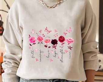 Breast Cancer Awareness Shirt, Pink Ribbon Floral Butterfly Tee, Hope Strength Support Gift, October Survivor T-Shirt, Trending Sweatshirt