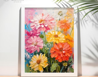 Jardín de Zinnias – Impresión artística floral brillante – Decoración colorida con flores de zinnia