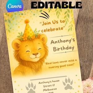 Leeuwenverjaardagsuitnodiging | Safari Junglefeestuitnodiging voor kinderen | Bewerkbare digitale download | Feestkaart met wild dierenthema