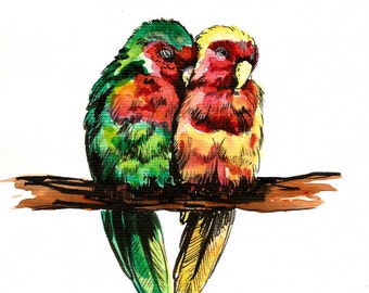 Art Original Watercolor Animals Pets  " PARROTS "Budgies"